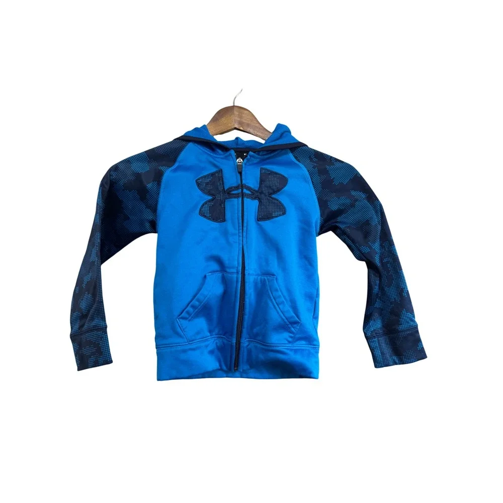 Under Armour Full Zip Hoodie Kids Size 5 Blue Excellent Camo‎ Raglan Sleeves